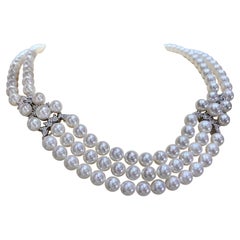 【Crown Radiance】Royal Bloom Triple-Strand Akoya Pearl Necklace with Diamonds
