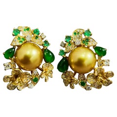 【Crown Radiance】Royal Garden Golden South Sea Pearl, Diamond & Emerald Earrings