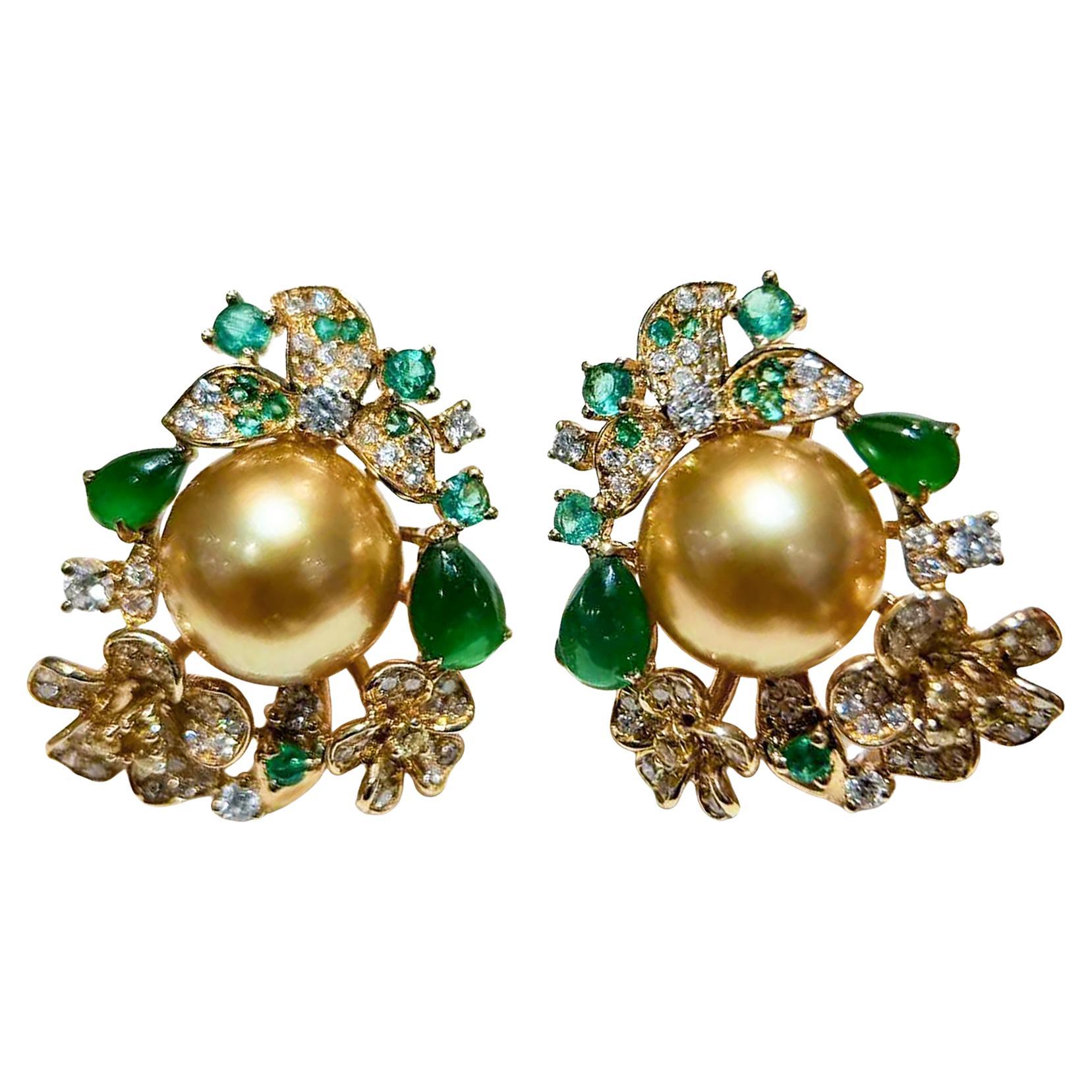 【Crown Radiance】Pendientes de perlas doradas del Mar del Sur, diamantes y esmeraldas del Jardín Real
