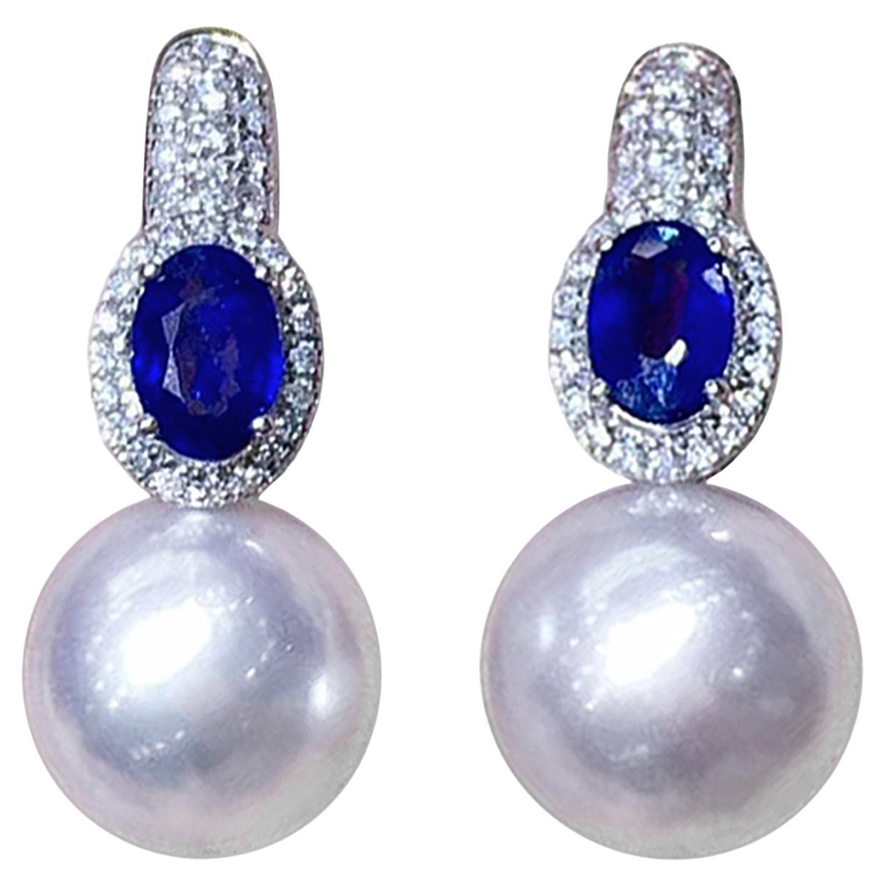 【Crown Radiance】Sapphire Halo Aurora South Sea Pearl Diamond Earrings