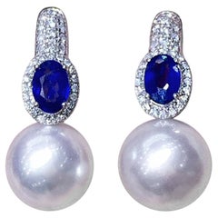 【Crown Radiance】Boucles d'oreilles saphir Halo Aurora Perle de mer du Sud Diamant