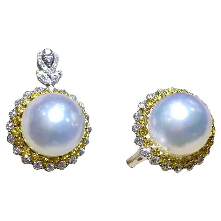 【Crown Radiance】South Sea Pearl Pendant and Ring Set with White and Yellow Diamo