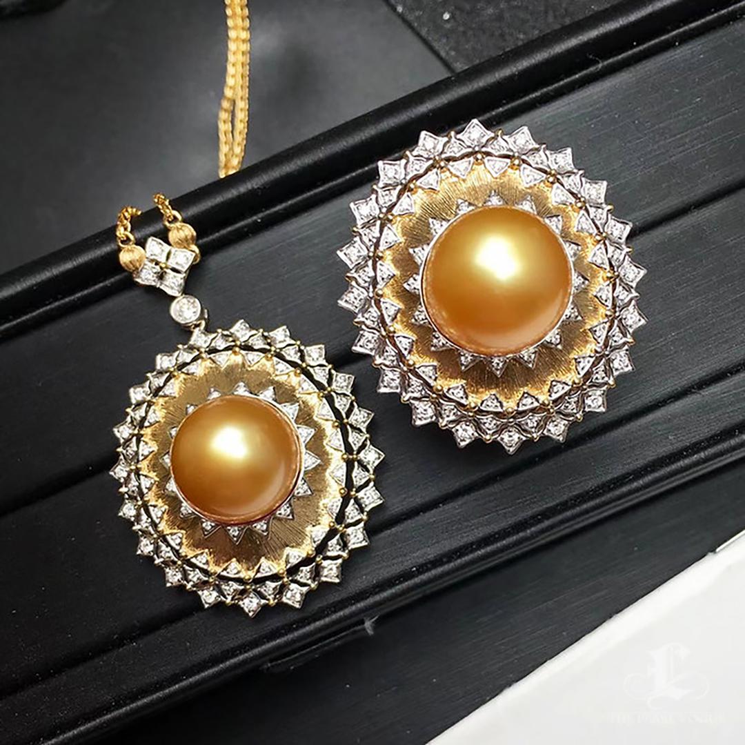 Anello di diamanti con perle dei mari del sud dorate a raggiera in vendita 2