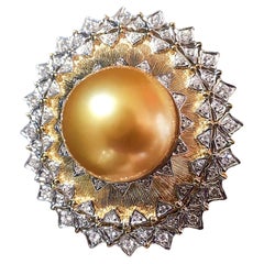 【Crown Radiance】Sunburst Halo Golden South Sea Pearl Diamond Ring