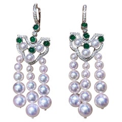 【Crown Radiance】Tassel Bloom Akoya Pearl 
Emerald Diamond Evening Earrings