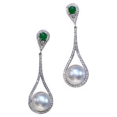【Jādora】Teardrop Halo Akoya Pearl Emerald Diamond Evening Earrings
