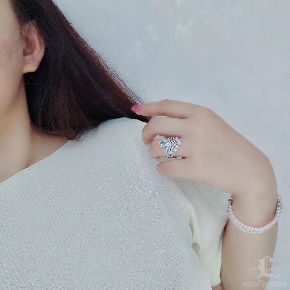 Crown Radiance】Transformable Akoya Perle, Saphir & Diamant Stackable Ring Set (Ungeschliffen) im Angebot