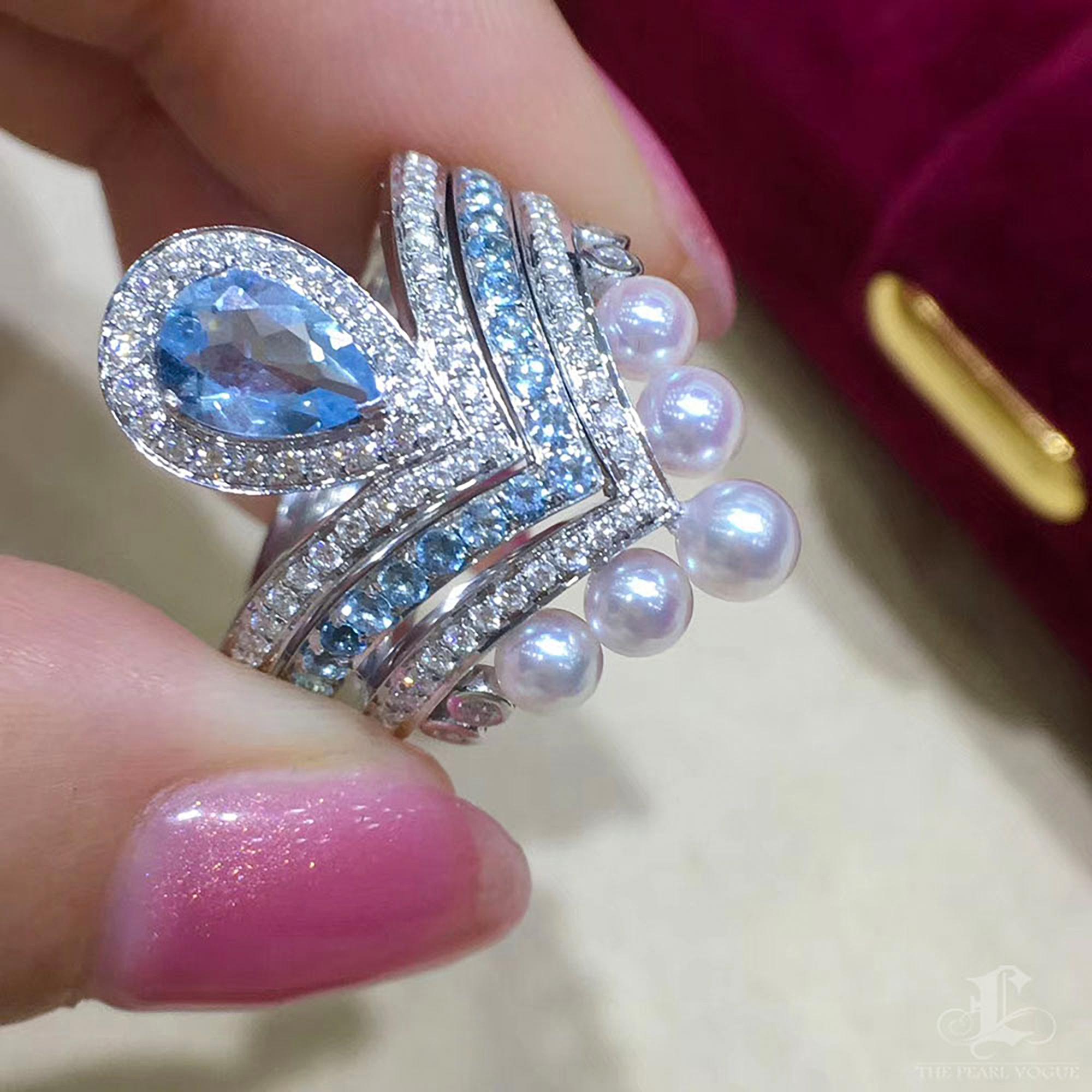 Crown Radiance】Transformable Akoya Perle, Saphir & Diamant Stackable Ring Set Damen im Angebot