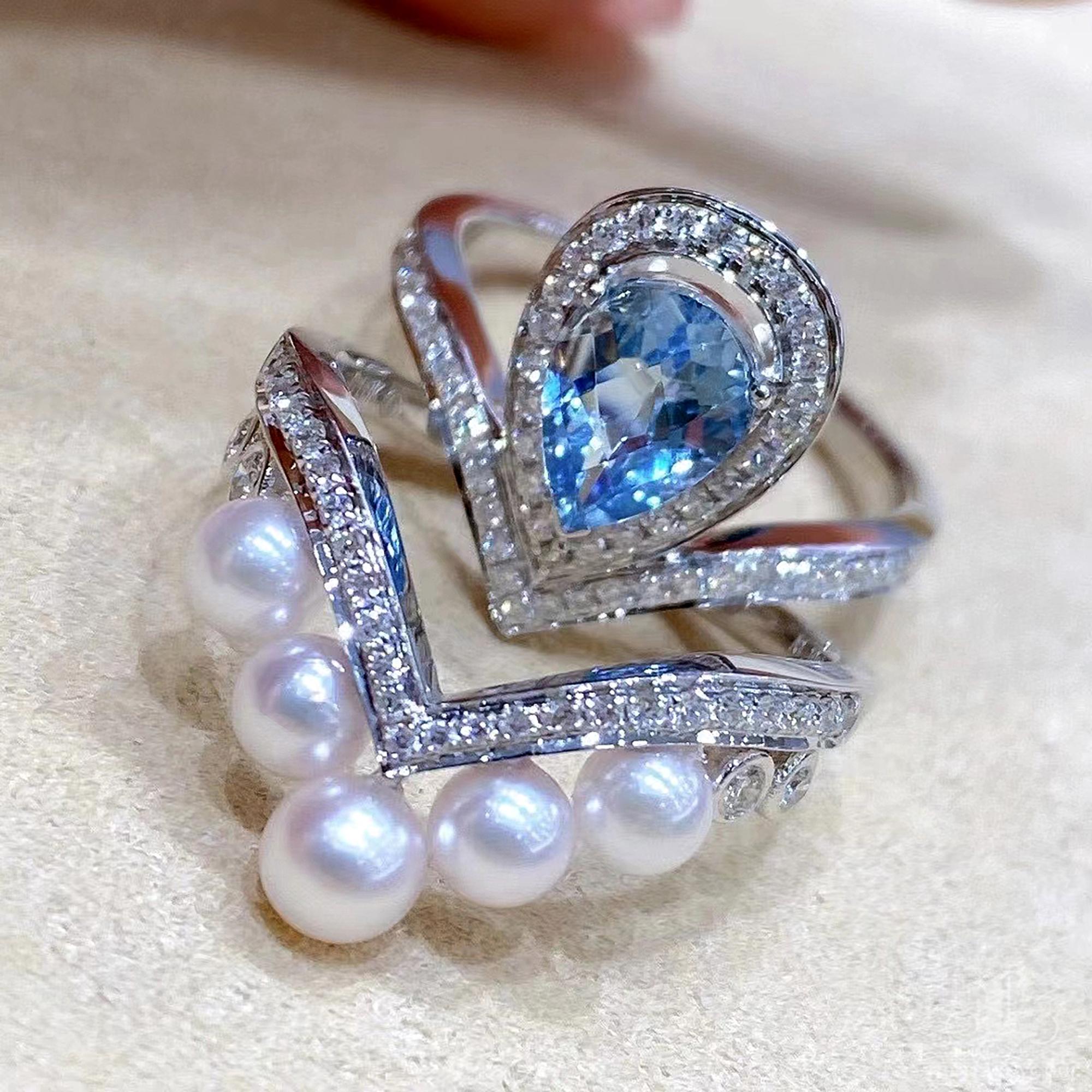 Anello impilabile con perle Akoya, zaffiro e diamanti in vendita 2