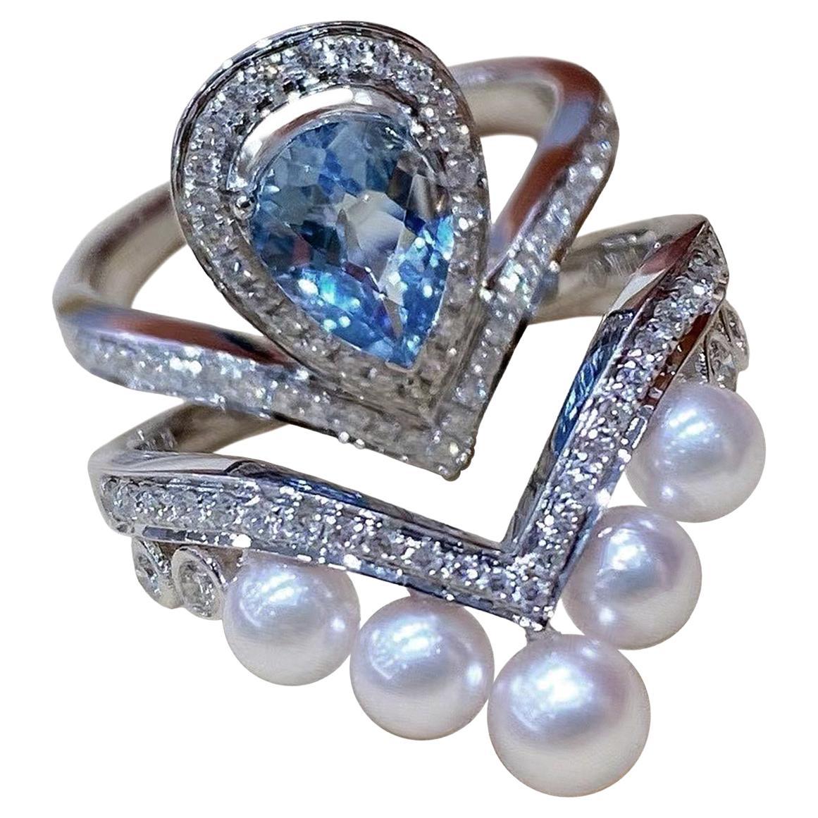 Anello impilabile con perle Akoya, zaffiro e diamanti in vendita