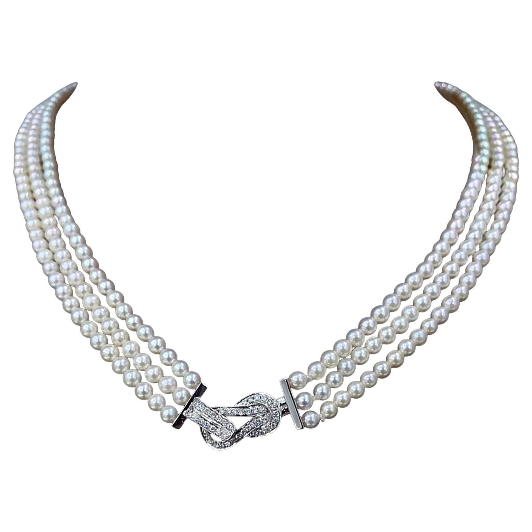 【Crown Radiance】Triple-Strand Baby Akoya Pearl Necklace Diamond Knot Clasp