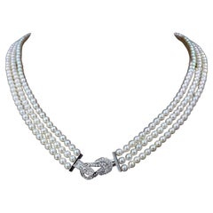【Crown Radiance】Triple-Strand Baby Akoya Pearl Necklace Diamond Knot Clasp