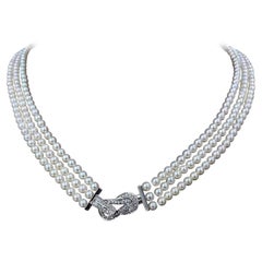 【Crown Radiance】Triple-Strand Baby Akoya Pearl Necklace Diamond Knot Clasp