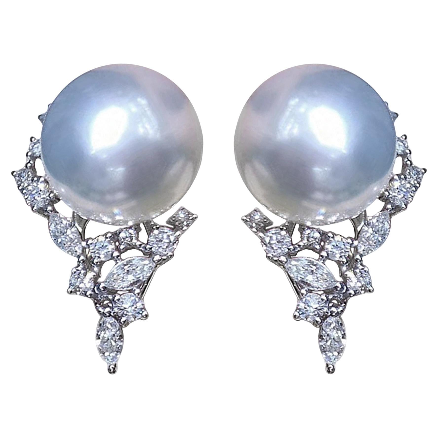 【Crown Radiance】Vine-Set Diamond Frame AAAA South Sea Pearl Evening Earrings For Sale