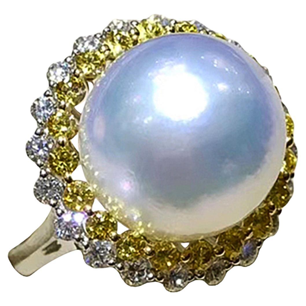 Corona Radiosa】 Anello con perla bianca dei mari del sud e doppio diamante a raggiera