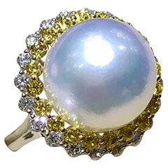 Corona Radiosa】 Anello con perla bianca dei mari del sud e doppio diamante a raggiera