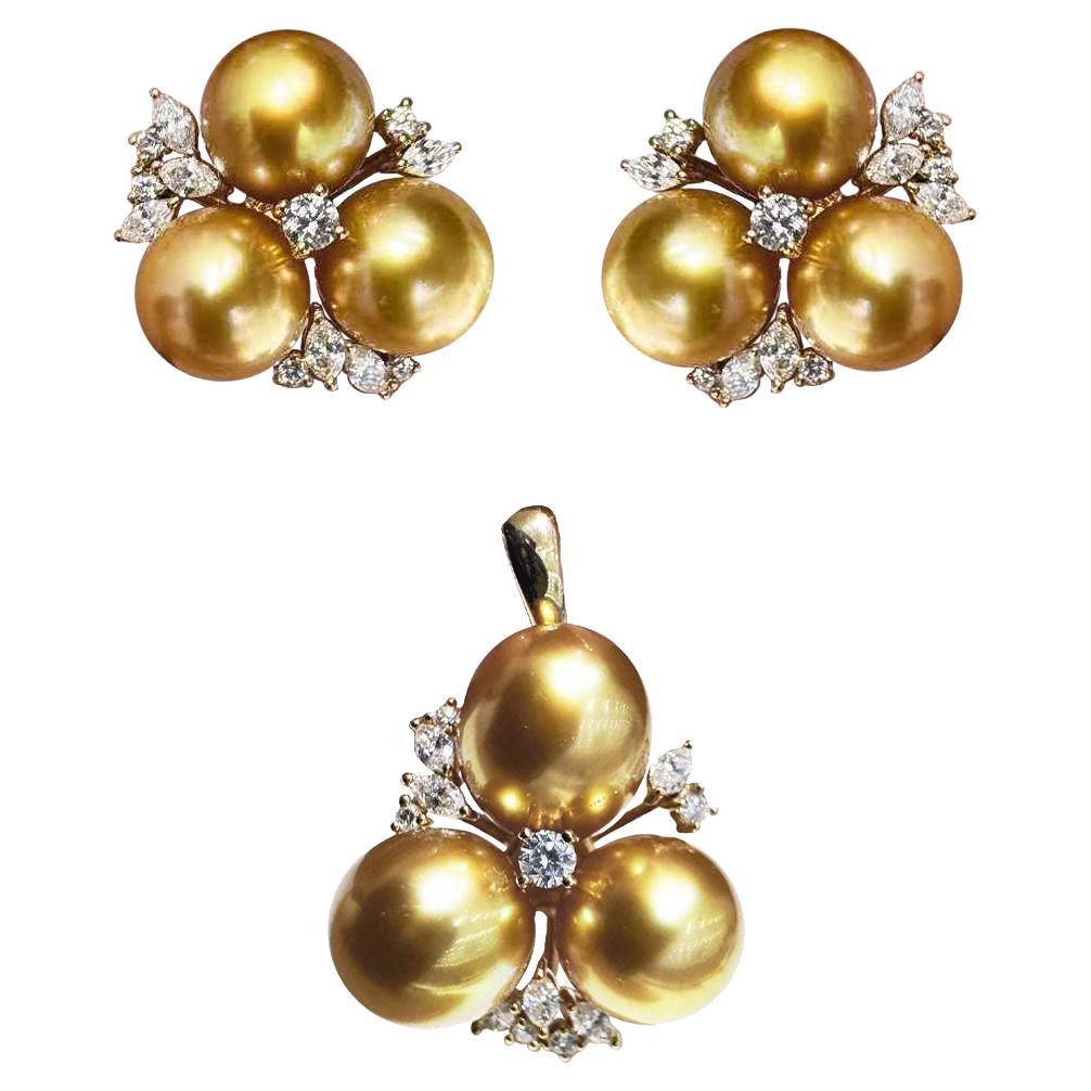 【Crown Radianc】Golden Radiance South Sea Pearl Diamond Earrings and Pendant Set