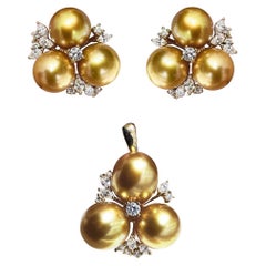 【Crown Radianc】Golden Radiance South Sea Pearl Diamond Earrings and Pendant Set