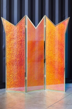 Crown Screen in Solid Brass Frame, Mirror Finish and Light Shifting Crazy Glass