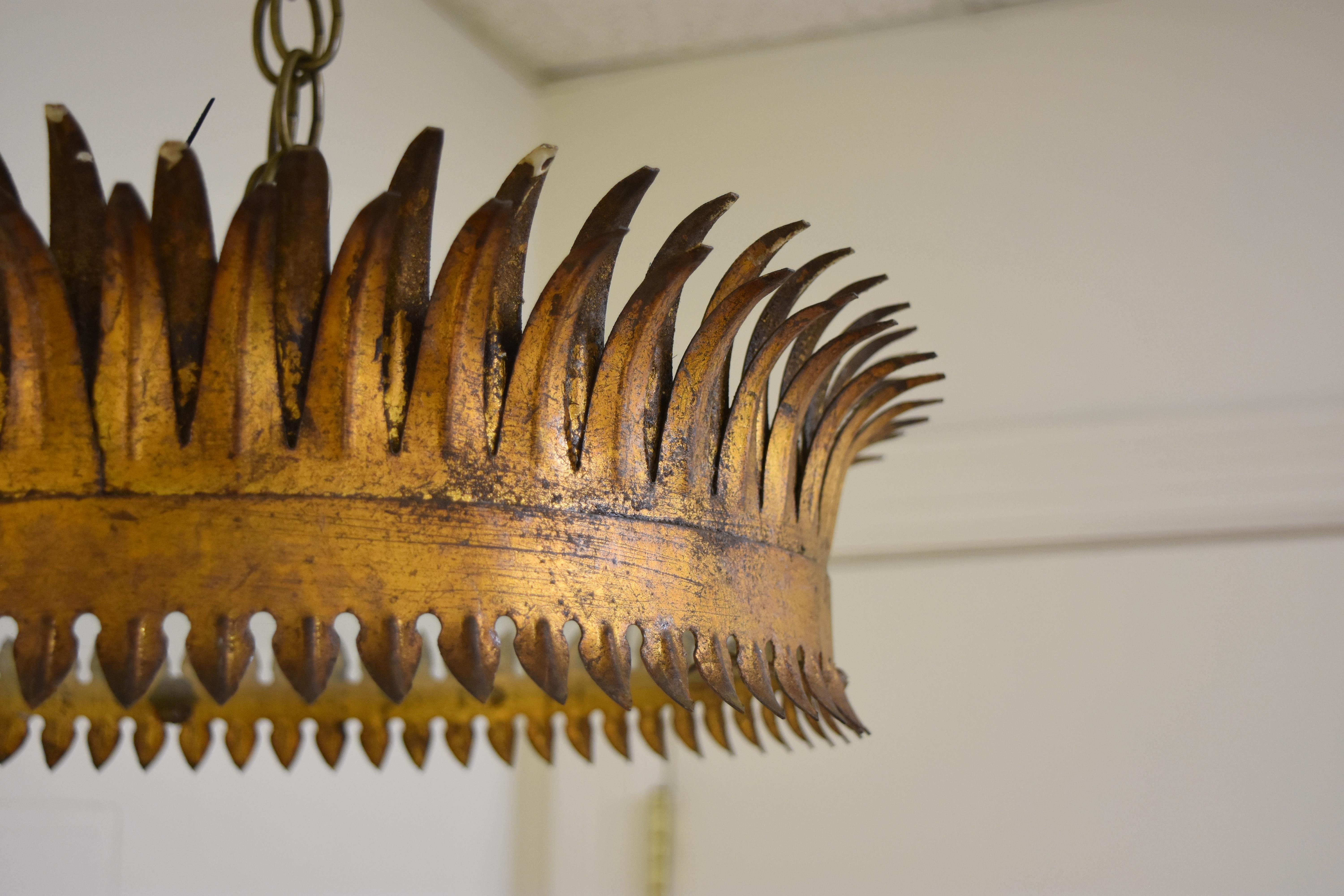 Spanish Crown Shaped Gold Metal Semi, Flush Mount Light Fixture from Barcelona