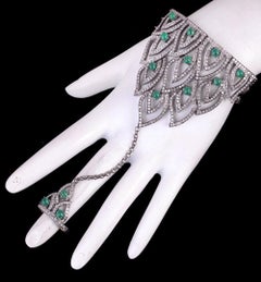 Crown Shaped Hand Chain Braclet Accented With Emerald & Diamonds