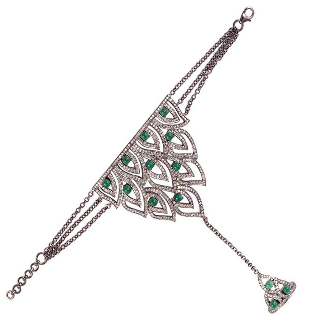 Art Deco Crown Shaped Hand Chain Braclet Accented With Emerald & Diamonds For Sale