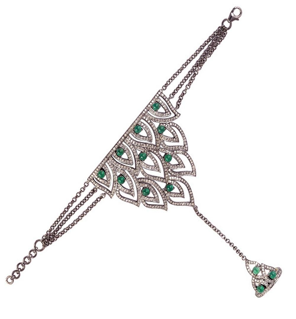 Brazalete de cadena de mano en forma de corona acentuada con esmeralda y diamantes Art Decó en venta