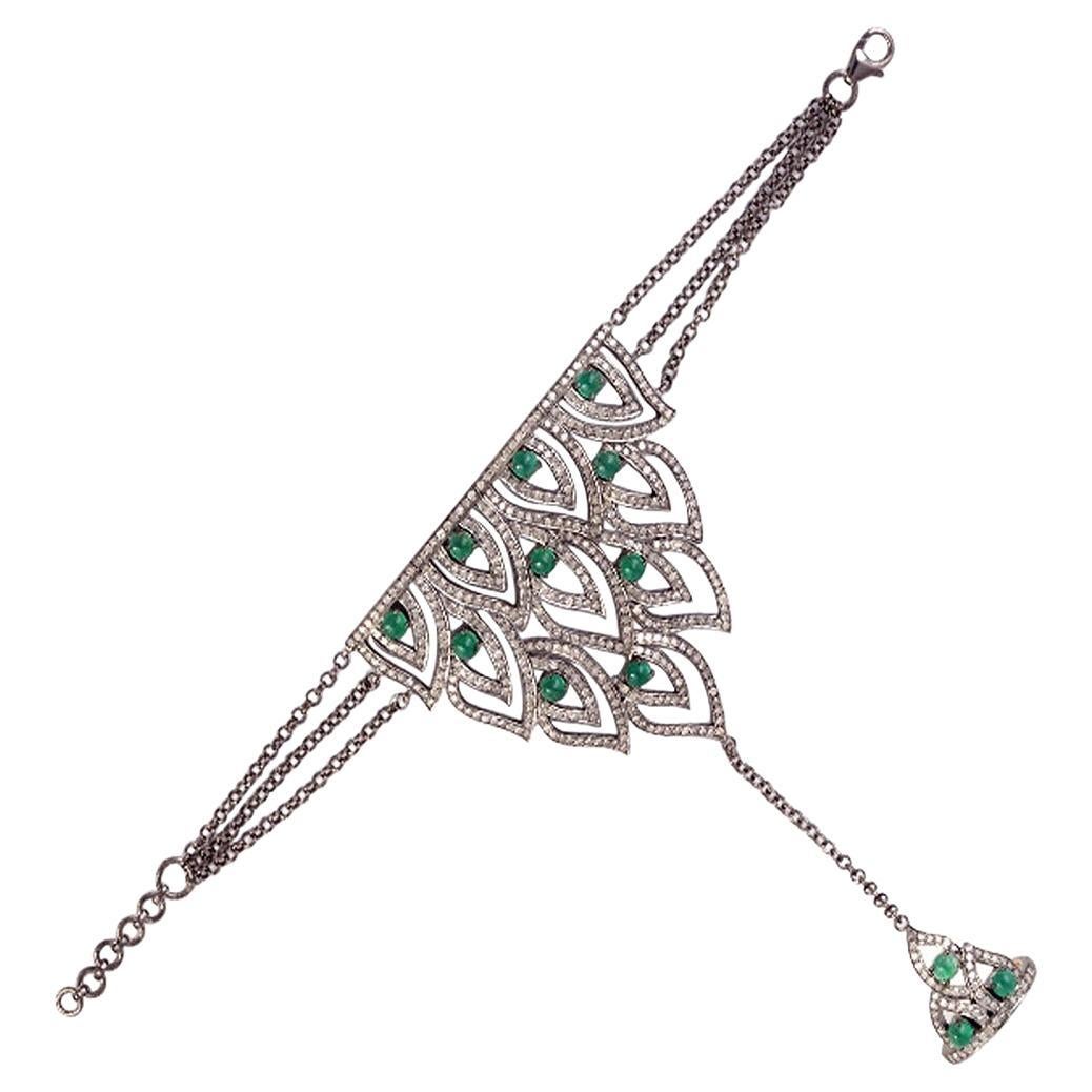 Crown Shaped Hand Chain Braclet Accented With Emerald & Diamonds For Sale