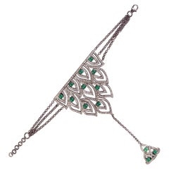 Crown Shaped Hand Chain Braclet Accented With Emerald & Diamonds