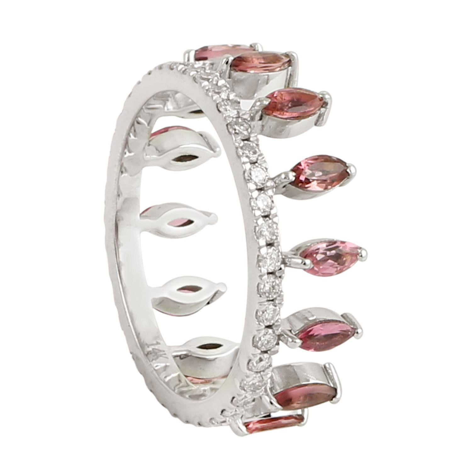 Crown Shaped Tourmaline & Diamond Ring Made In 14k White Gold Art Decó en venta