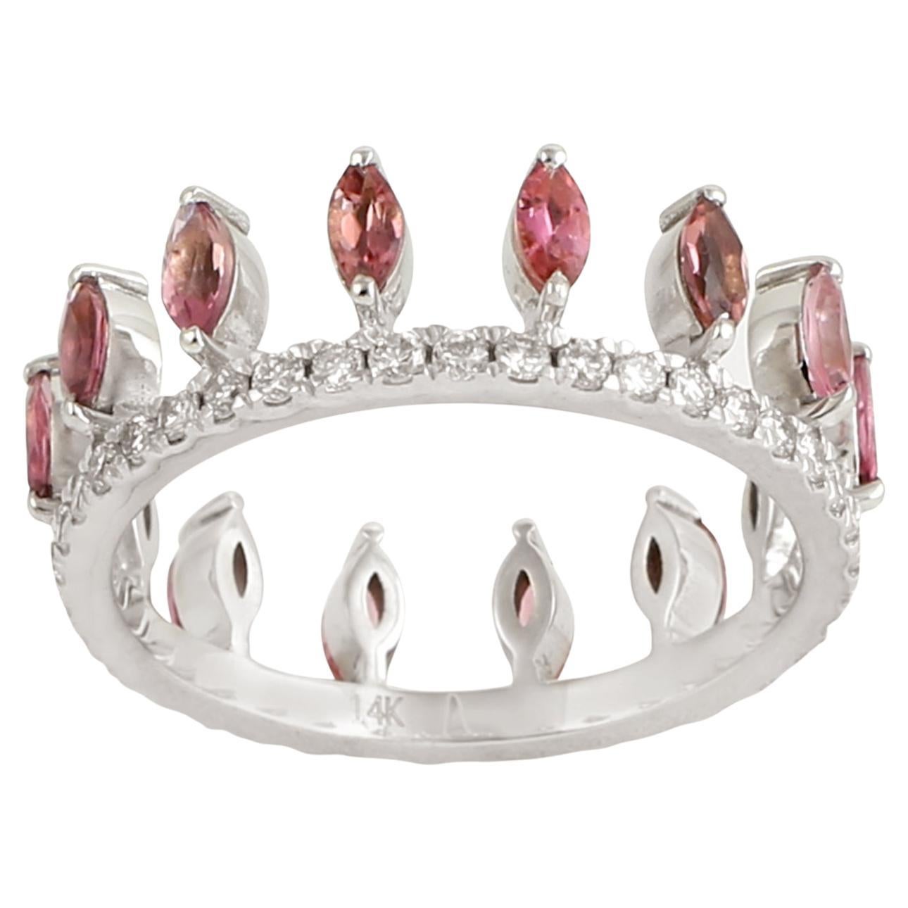 Crown Shaped Tourmaline & Diamond Ring Made In 14k White Gold