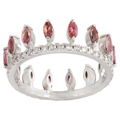 Crown Shaped Tourmaline & Diamond Ring Made In 14k White Gold