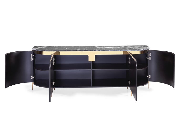 Modern Crown Sideboard, Hand Carved Side, Marble Top with Bronze Legs Sideboard For Sale