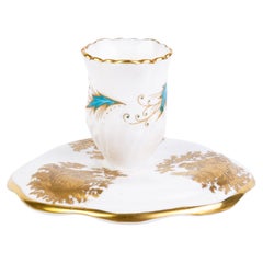 Vintage Crown Staffordshire Gilt Porcelain Candle Holder with Romantic Watteau Scenes