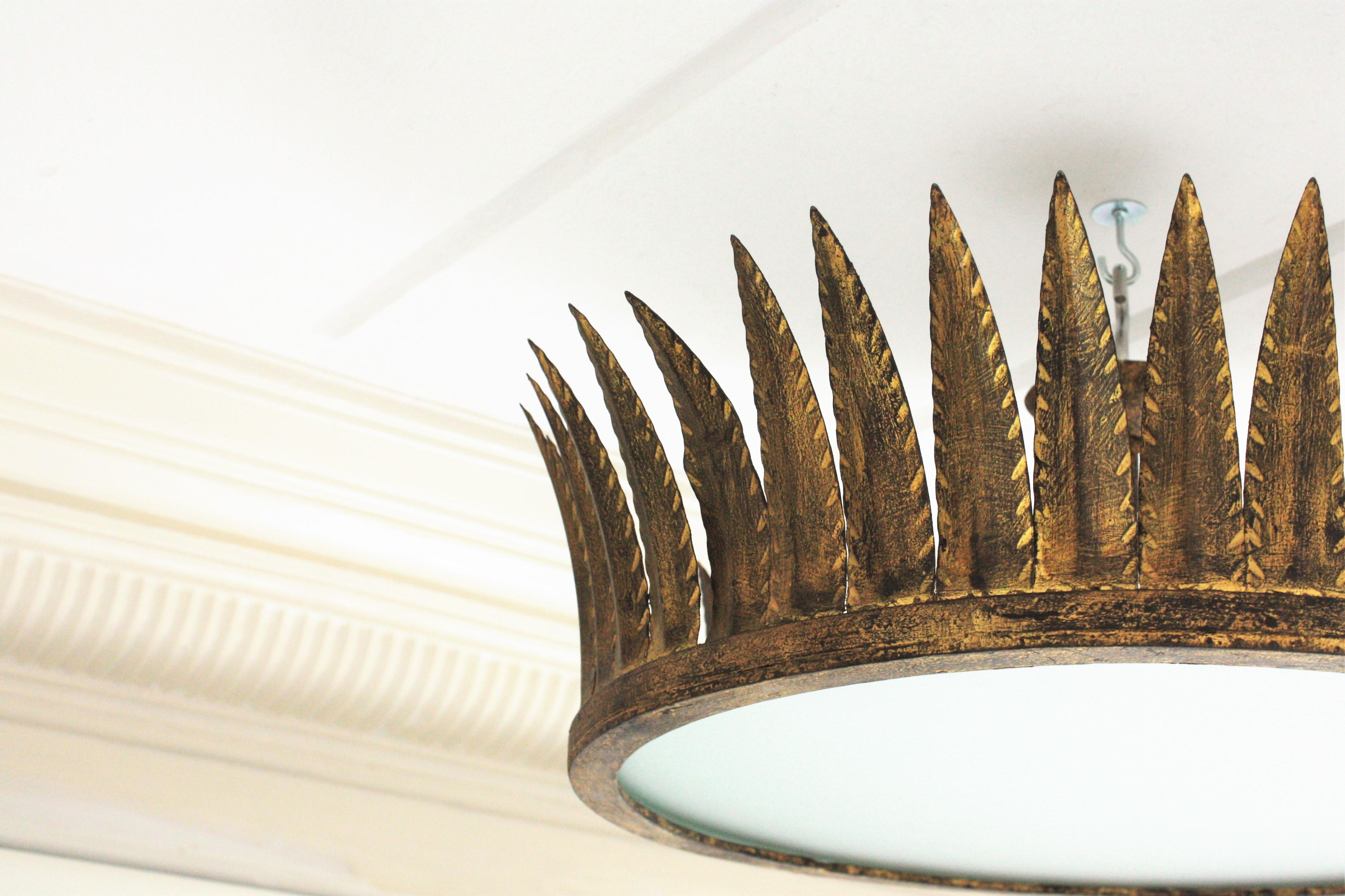 Crown Sunburst Ceiling Flush Mount or Pendant in Gilt Iron 2