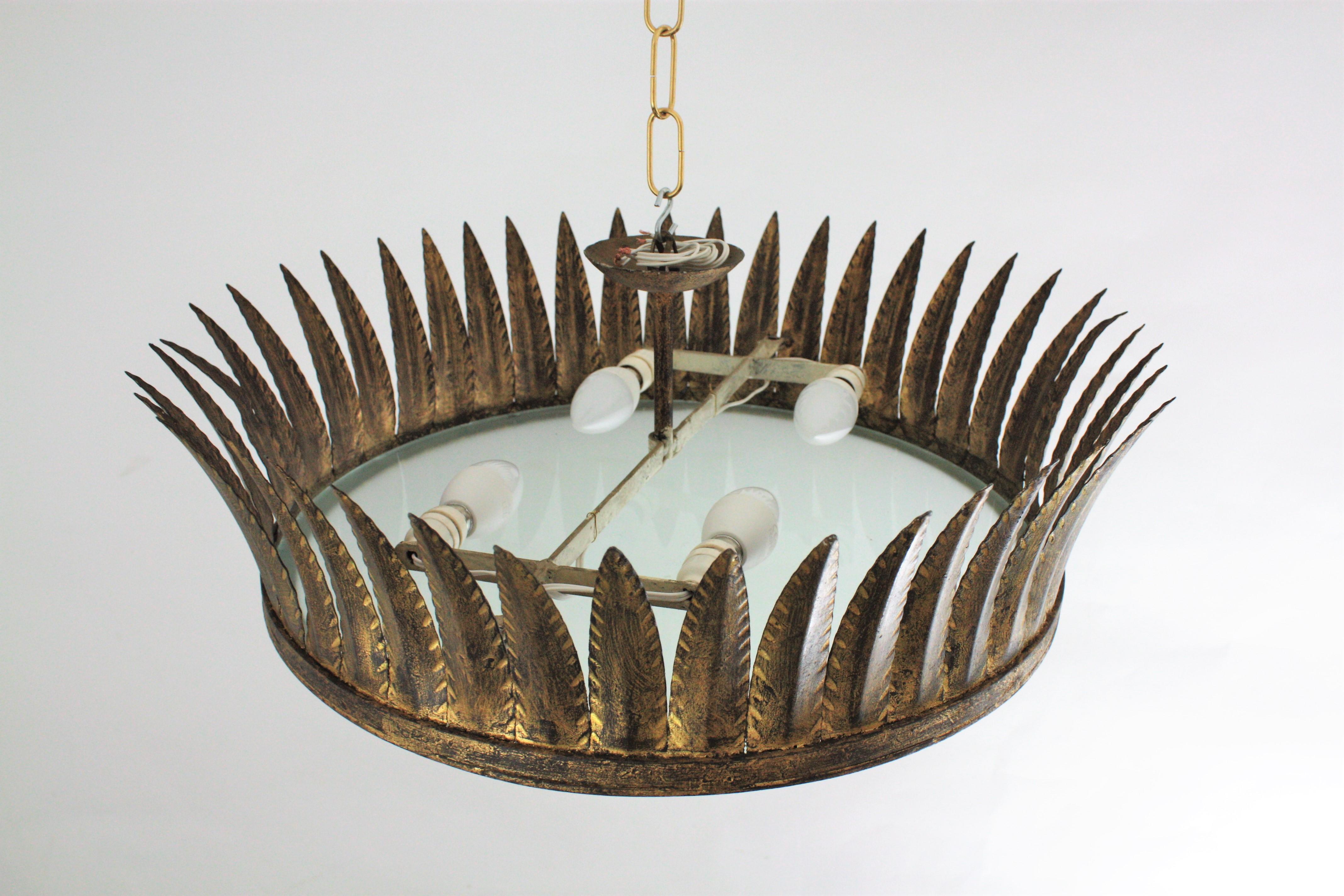 Crown Sunburst Ceiling Flush Mount or Pendant in Gilt Iron 3