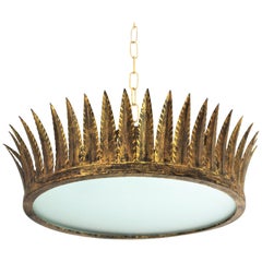 Crown Sunburst Ceiling Flush Mount or Pendant in Gilt Iron
