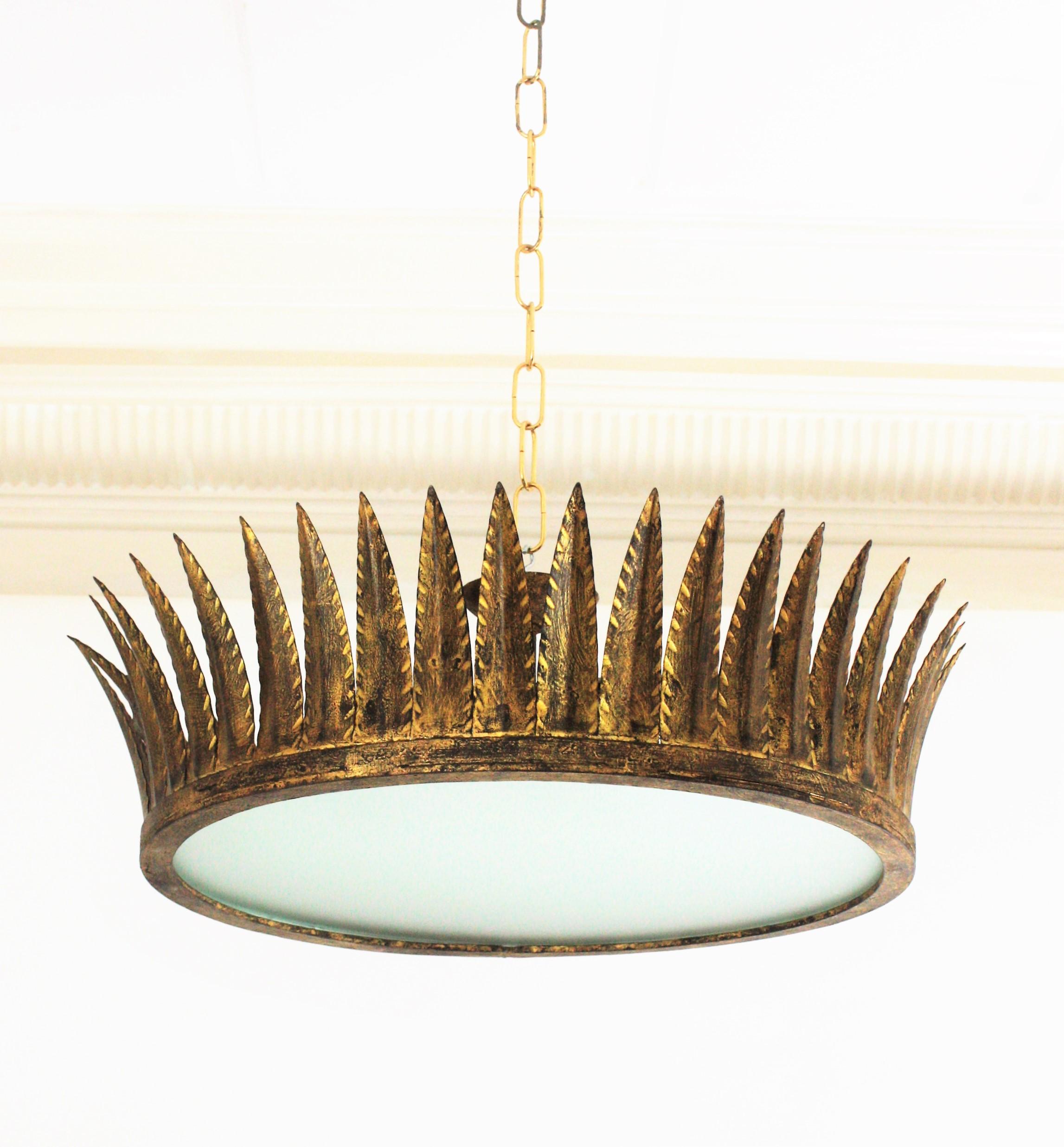 Spanish Crown Sunburst Ceiling Flush Mount or Pendant in Gilt Iron
