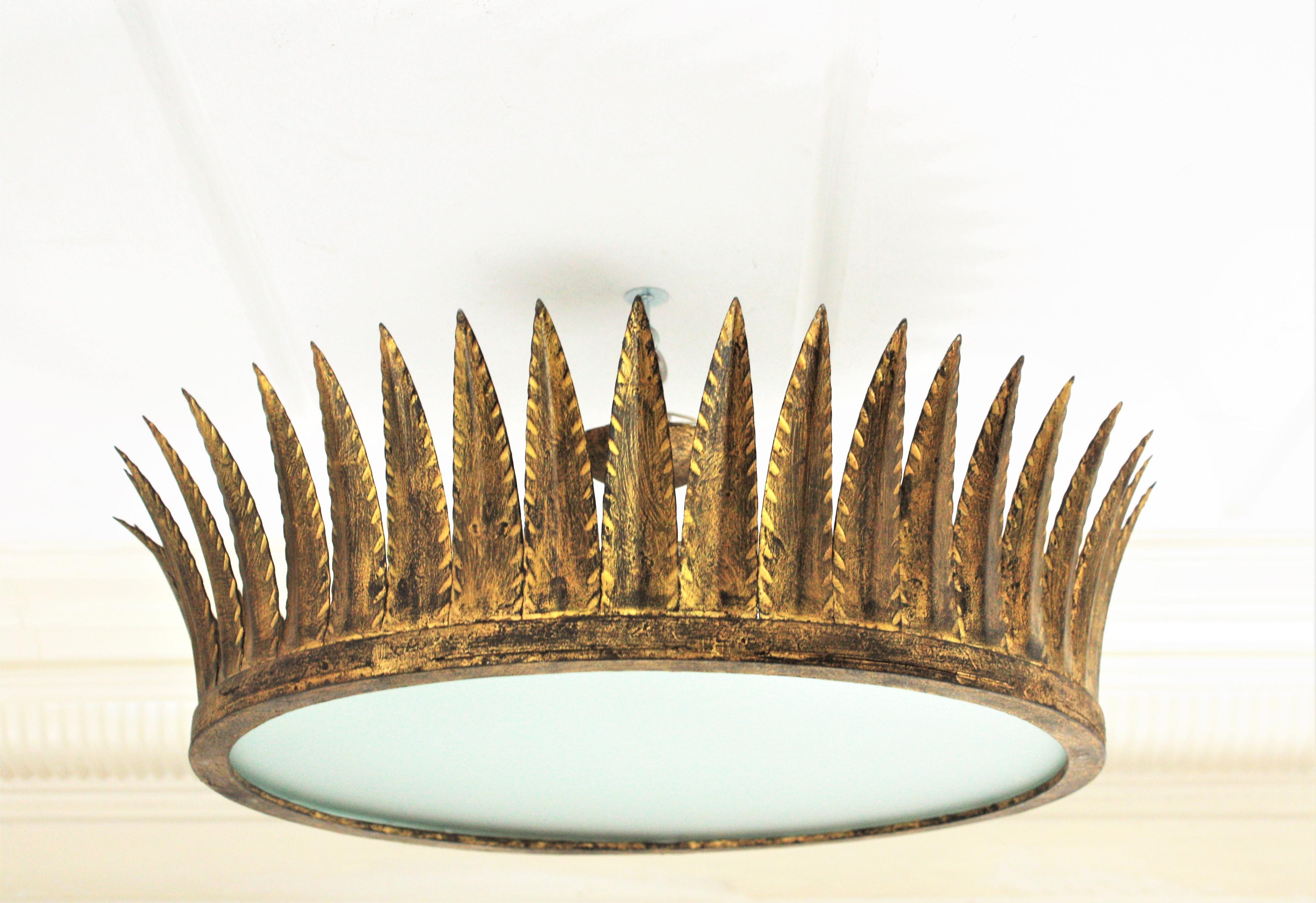 Crown Sunburst Ceiling Flush Mount or Pendant in Gilt Iron In Good Condition In Barcelona, ES