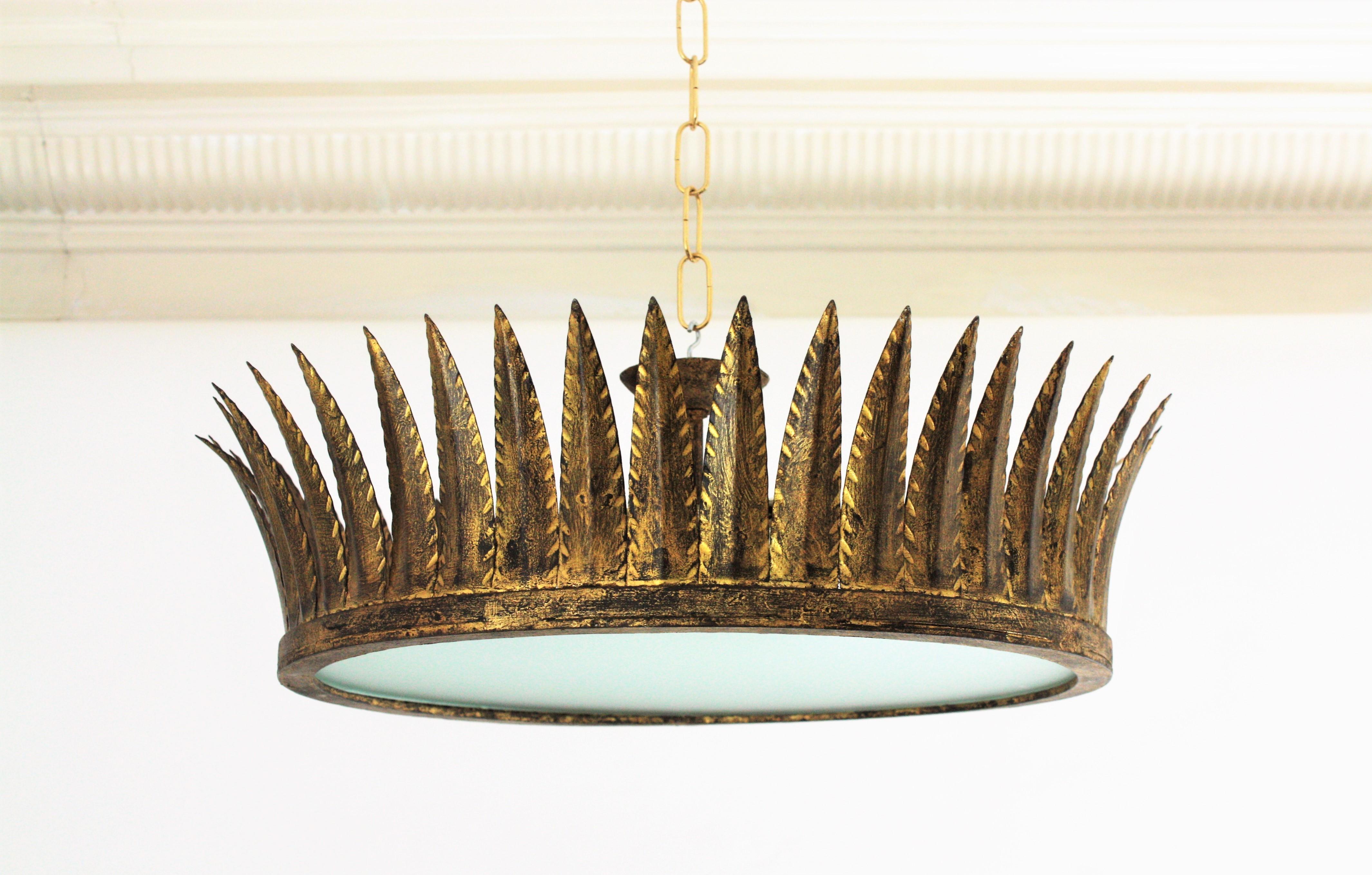 Wrought Iron Crown Sunburst Ceiling Flush Mount or Pendant in Gilt Iron