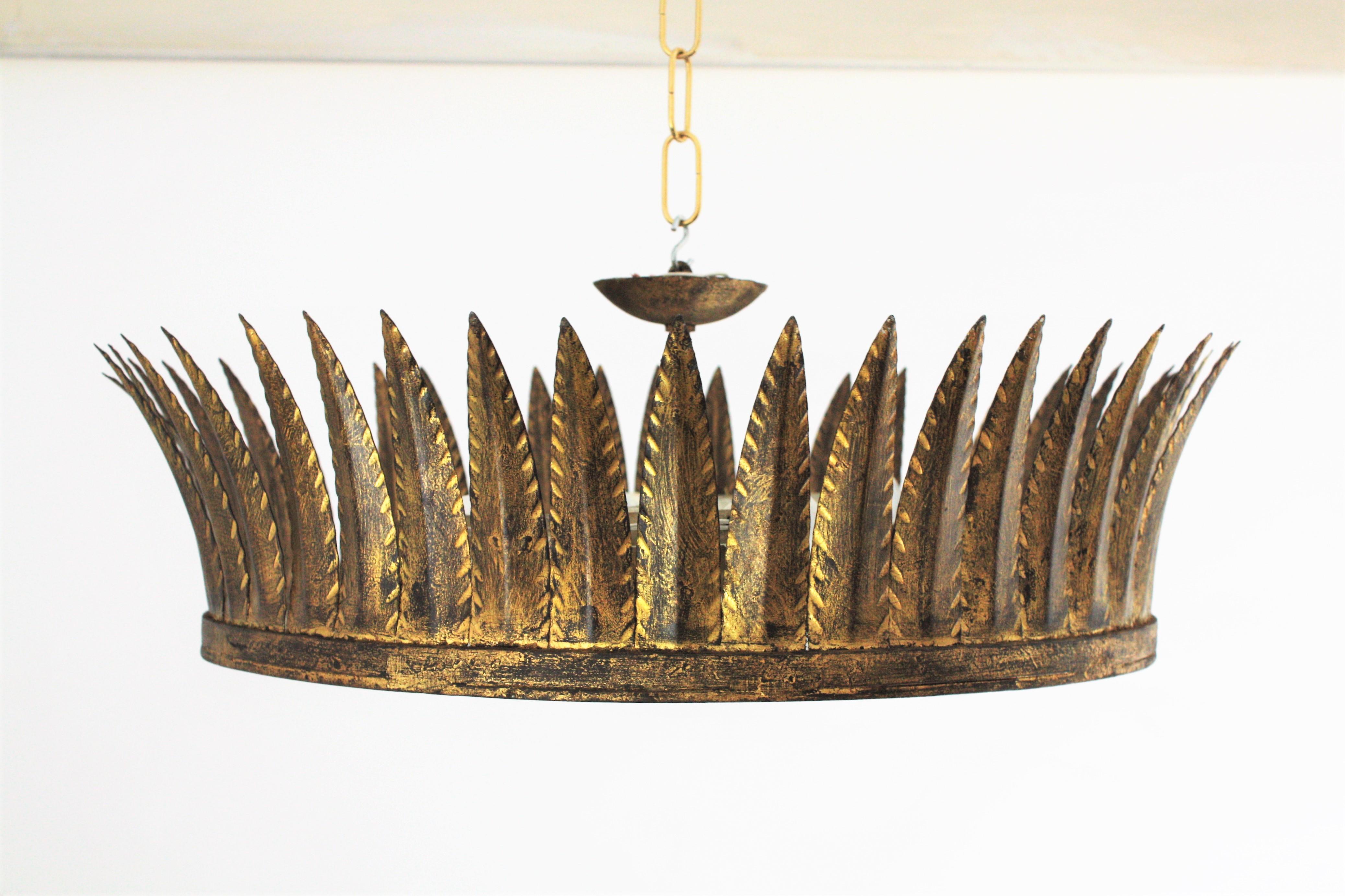 Crown Sunburst Ceiling Flush Mount or Pendant in Gilt Iron 1