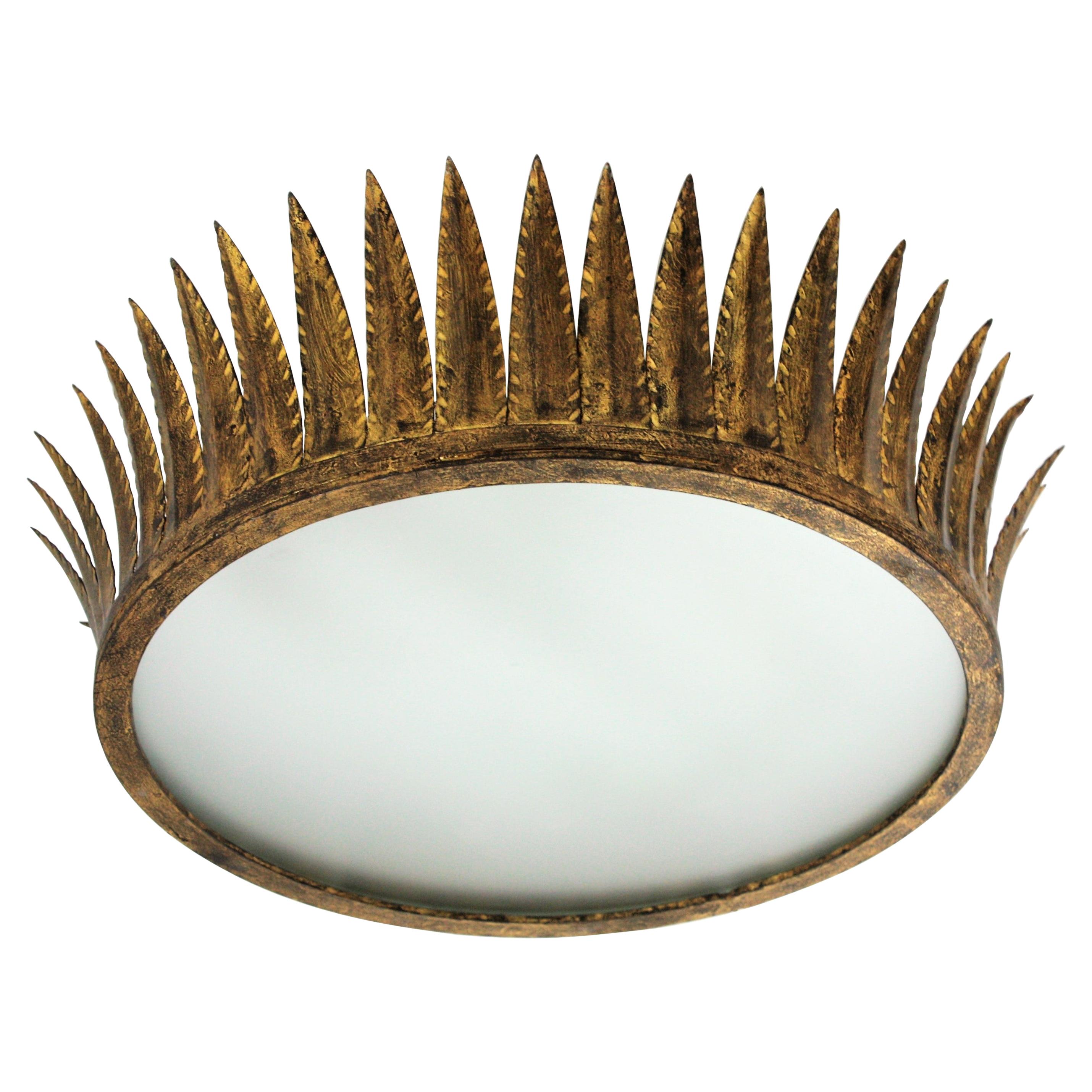 Crown Sunburst Ceiling Flush Mount or Pendant in Gilt Iron