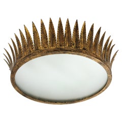 Crown Sunburst Deckenfluter oder Pendelleuchte aus vergoldetem Eisen