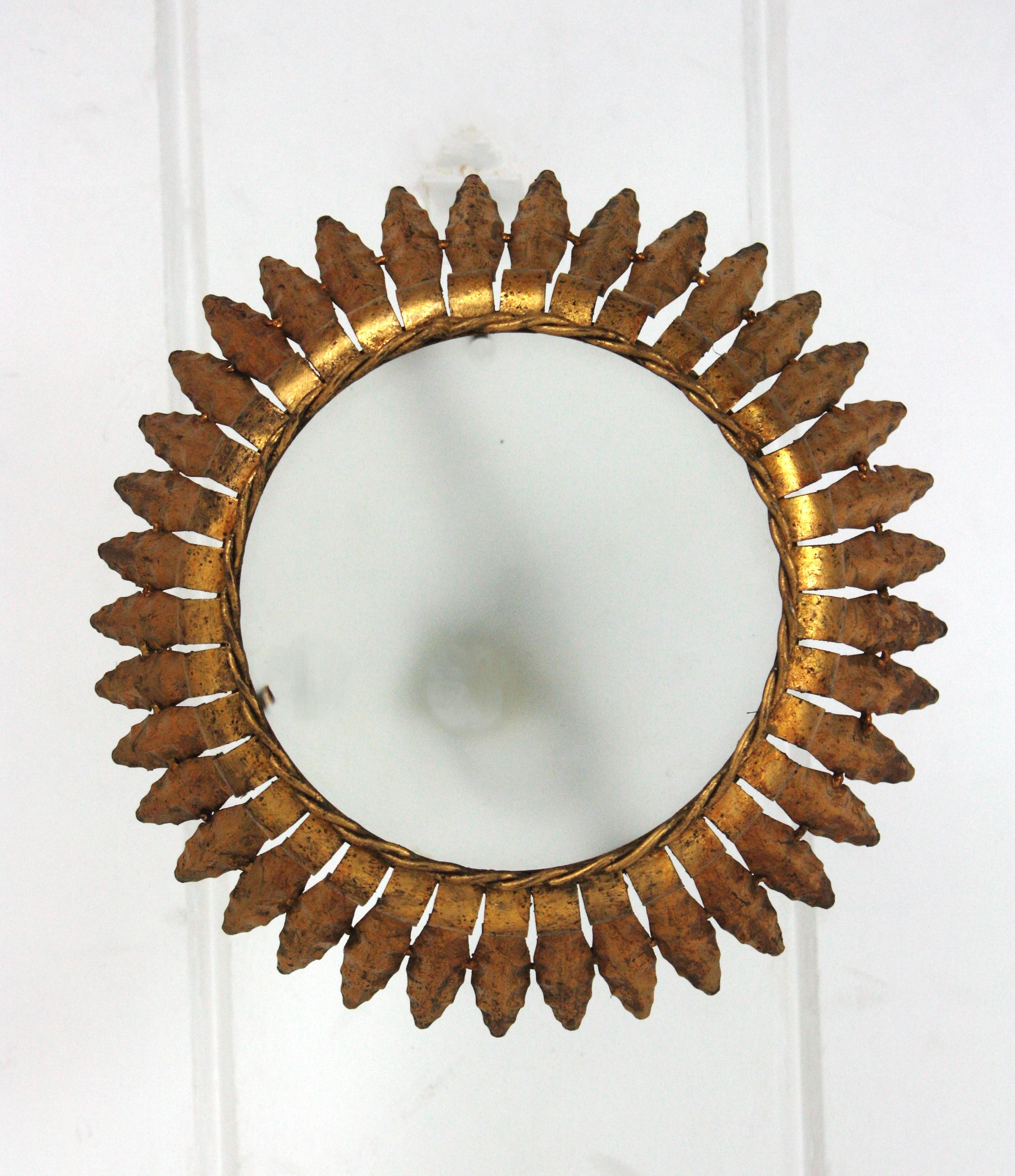 Crown Sunburst Leafed Ceiling Light Fixture with Frosted Glass For Sale 3