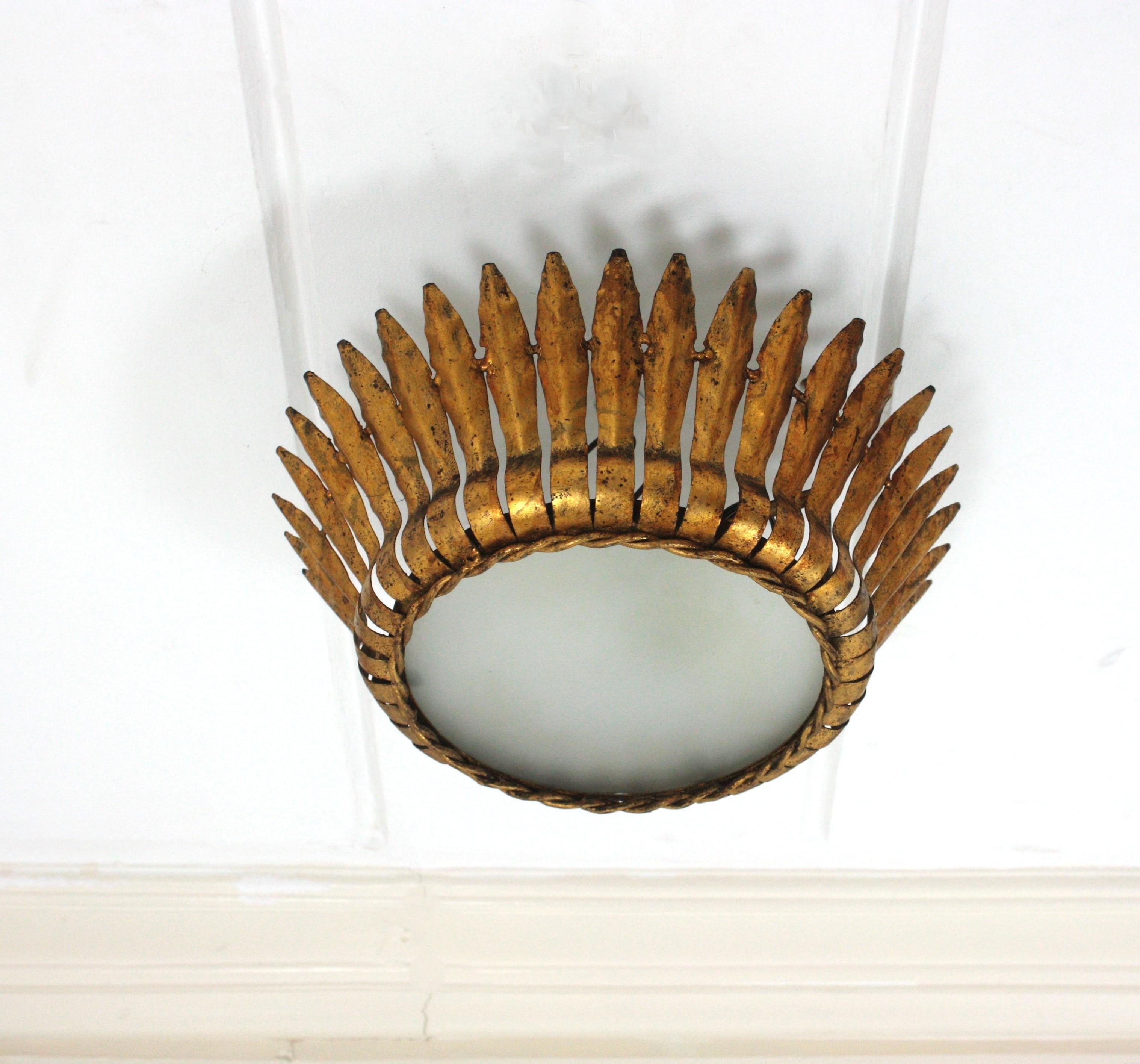 Crown Sunburst Leafed Ceiling Light Fixture with Frosted Glass For Sale 4