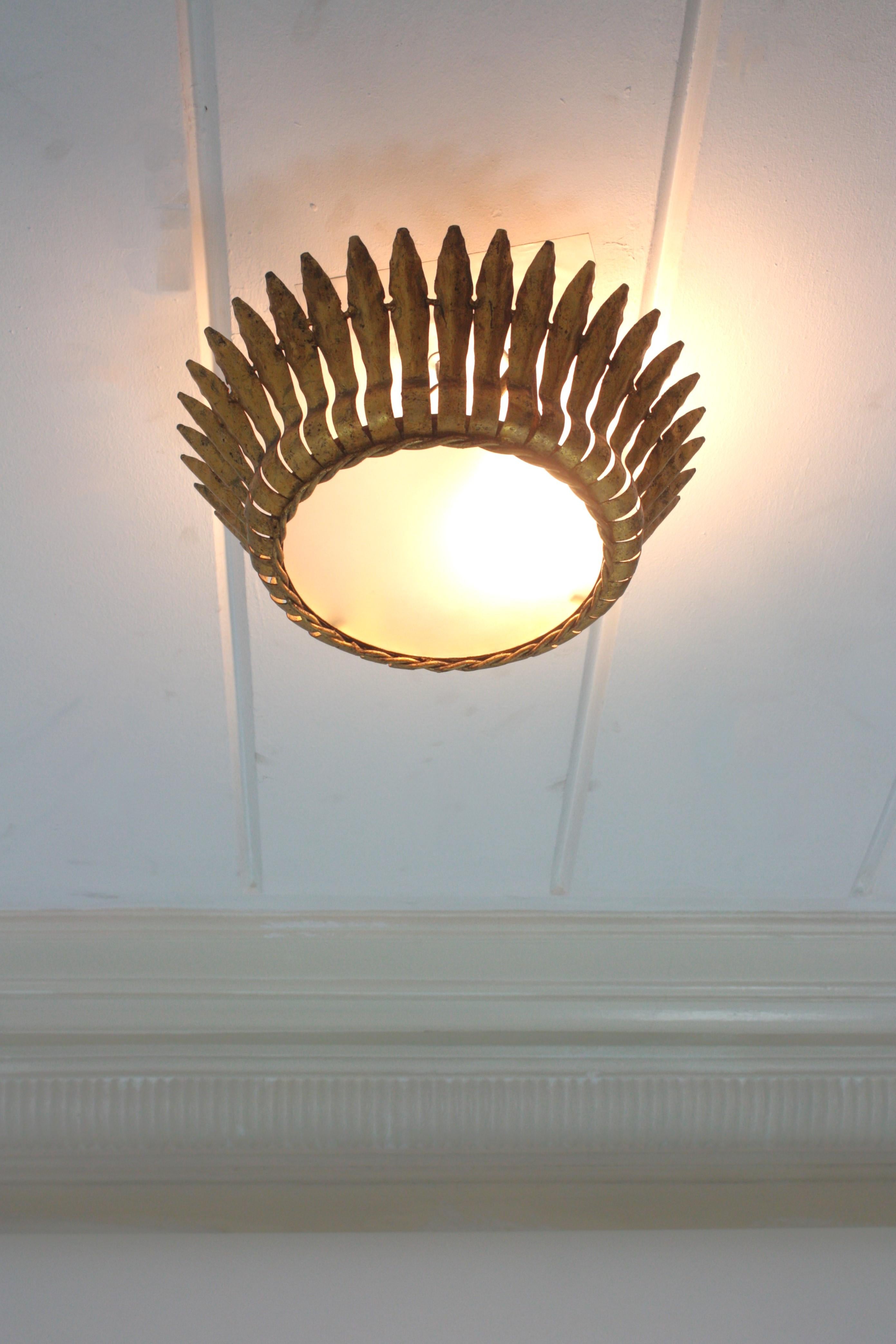 Crown Sunburst Leafed Ceiling Light Fixture with Frosted Glass For Sale 5