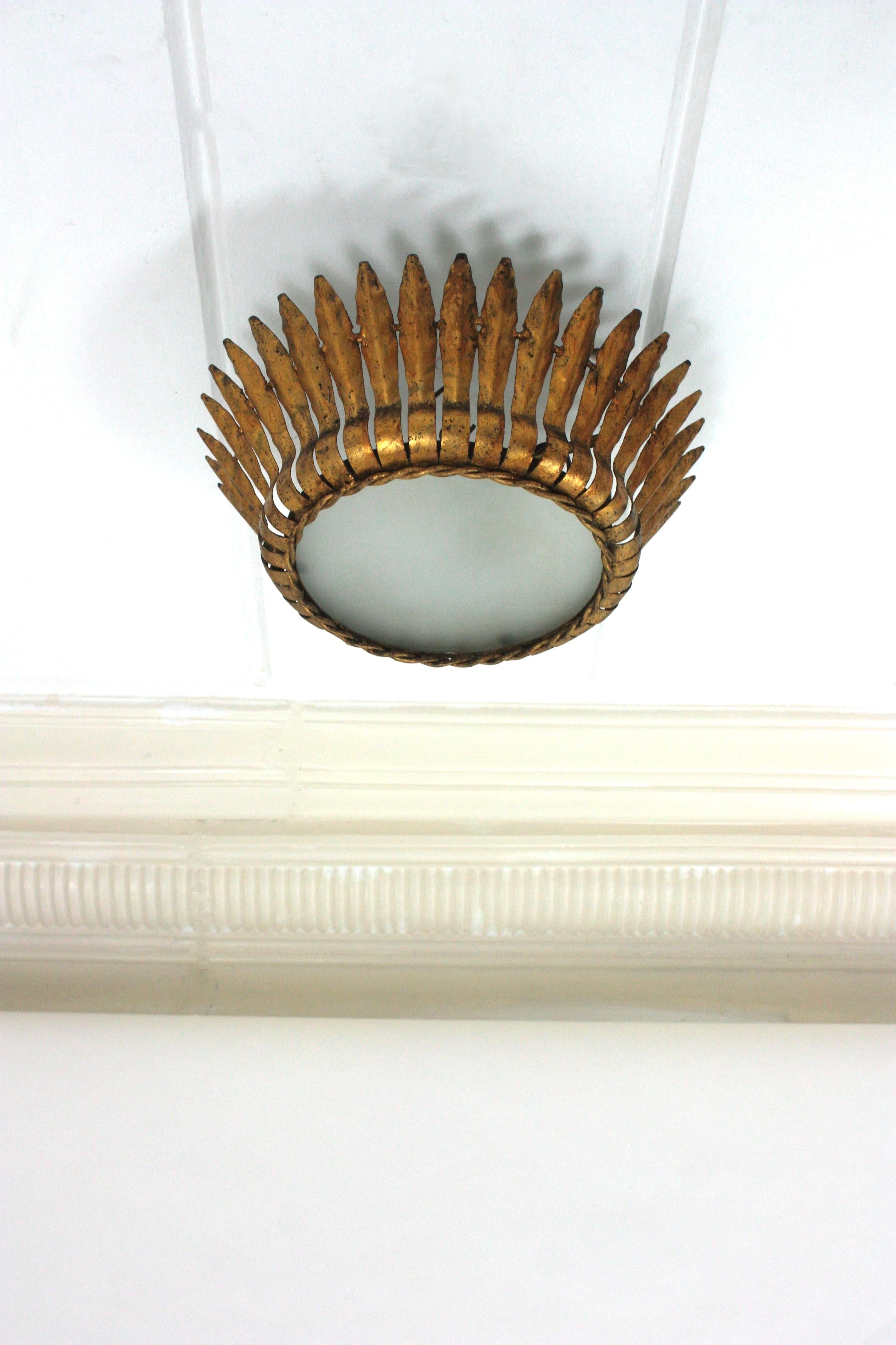 Crown Sunburst Leafed Ceiling Light Fixture with Frosted Glass For Sale 6