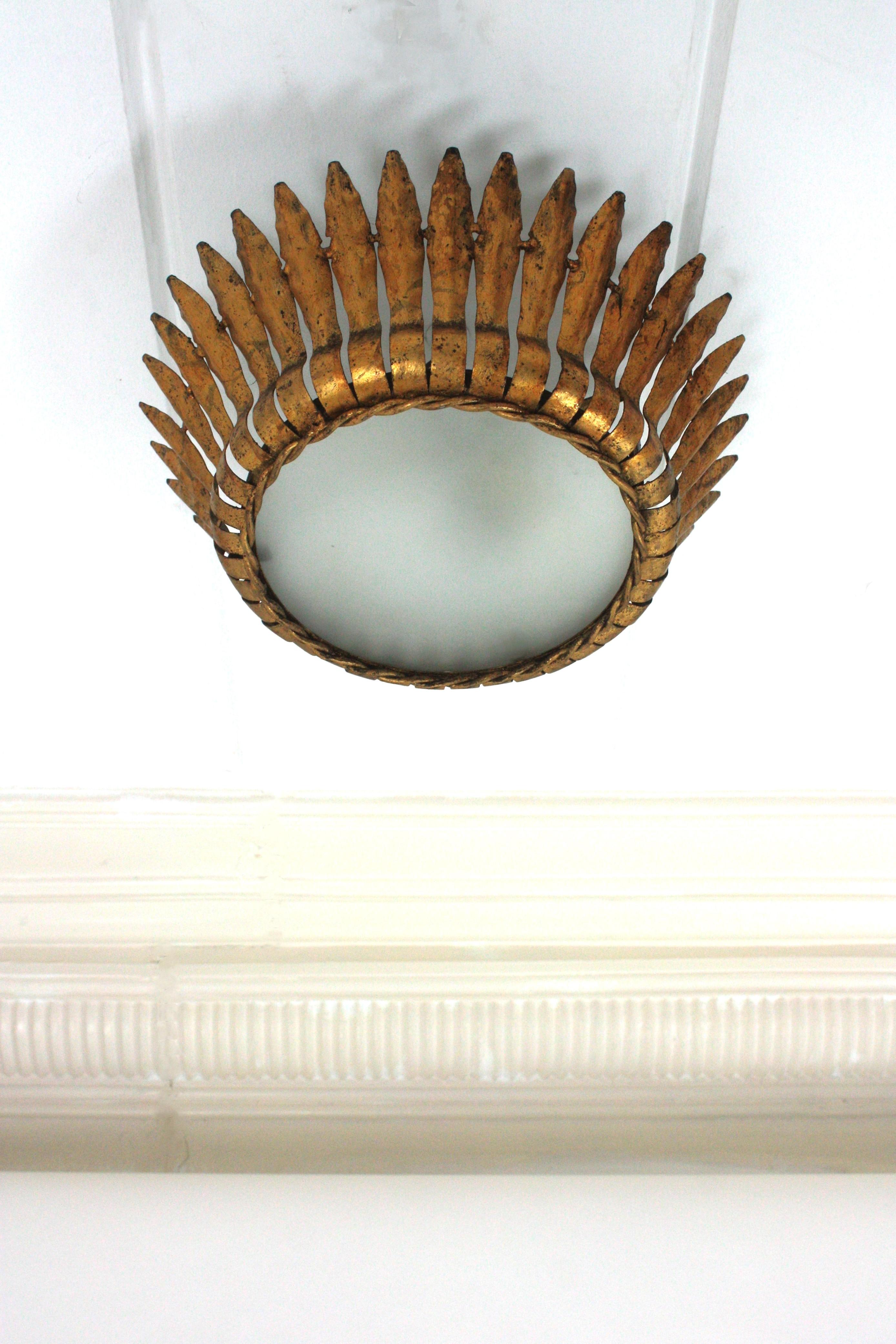 Crown Sunburst Leafed Ceiling Light Fixture with Frosted Glass For Sale 7