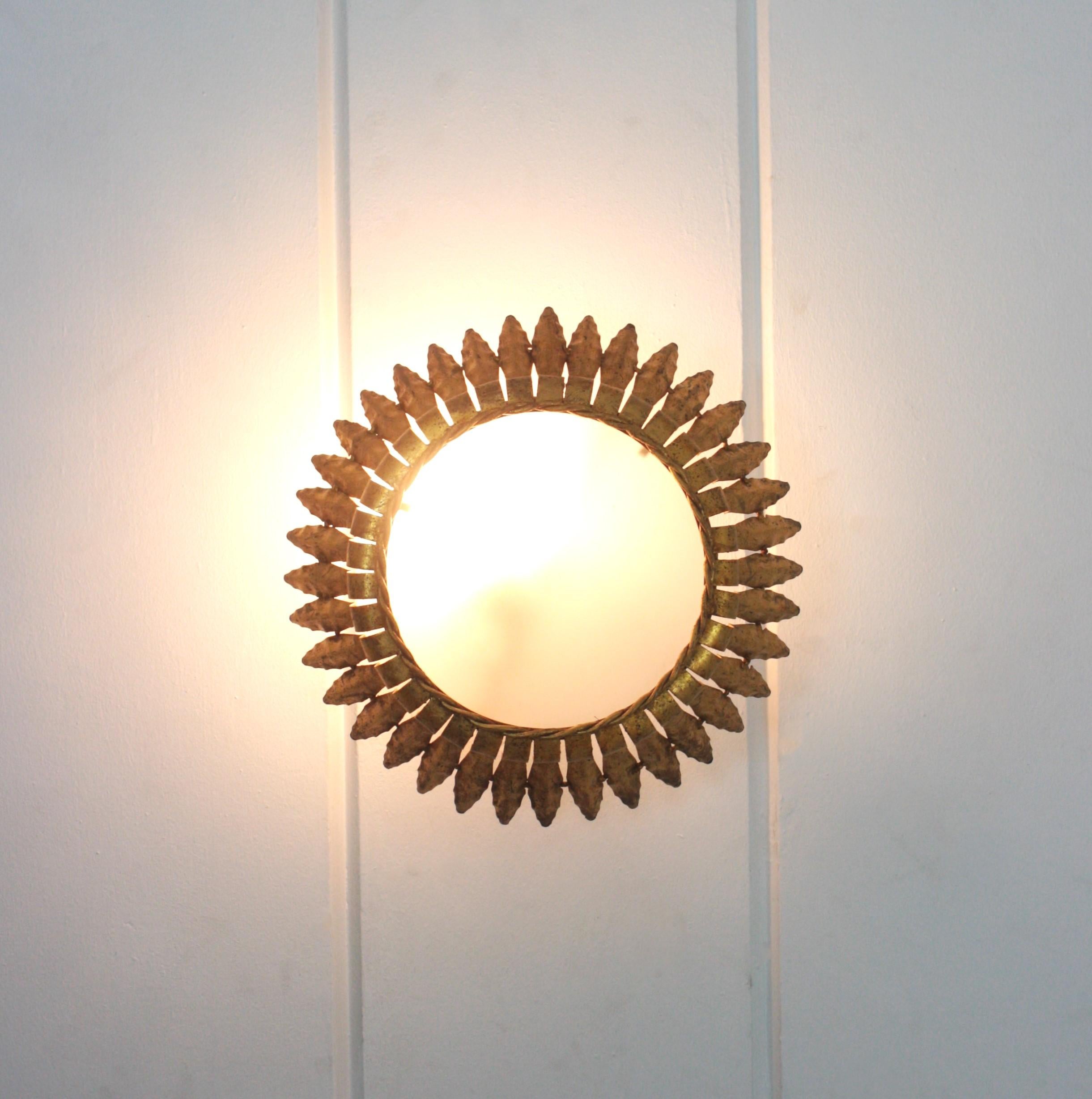 Crown Sunburst Leafed Ceiling Light Fixture with Frosted Glass For Sale 8