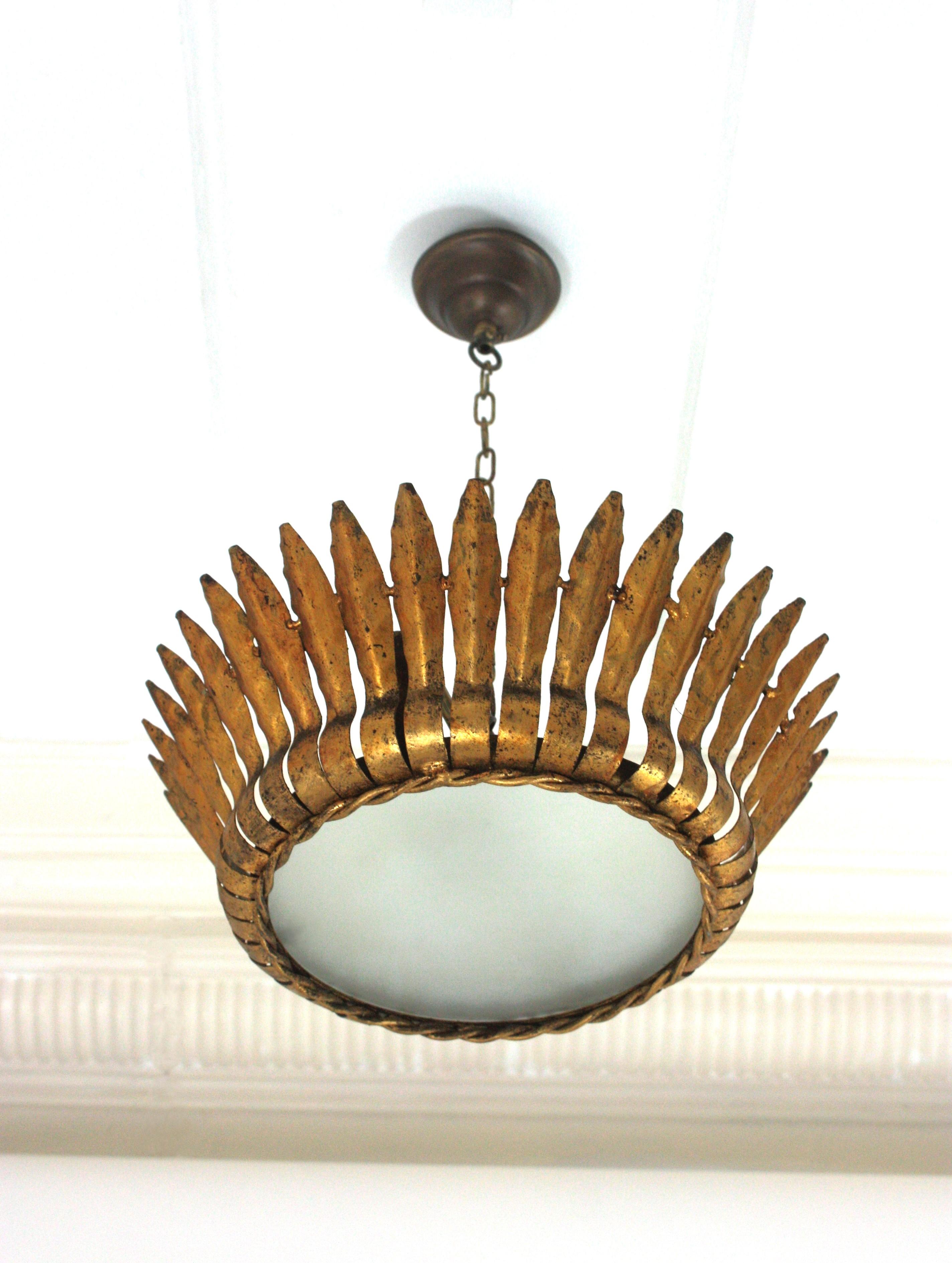 Crown Sunburst Leafed Ceiling Light Fixture with Frosted Glass For Sale 9